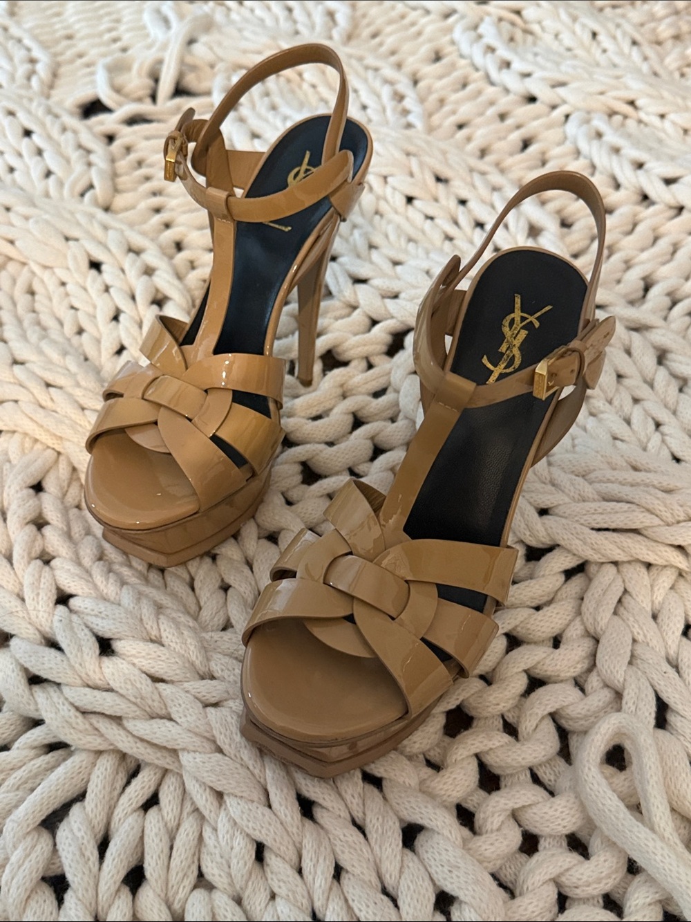 Saint Laurent Tan Patent Leather Woven Platform Heels